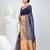 Elegant blue and gold linen saree with striped borders