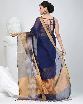 Elegant blue and gold linen saree with striped borders 3