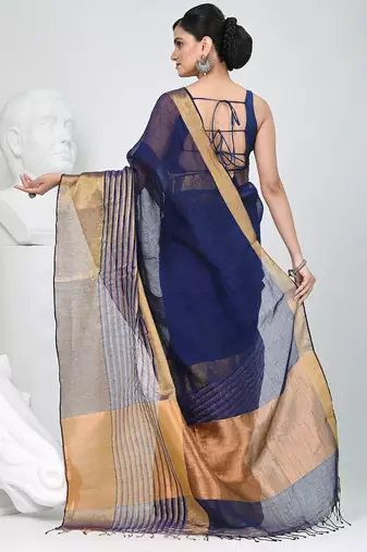 Elegant blue and gold linen saree with striped borders