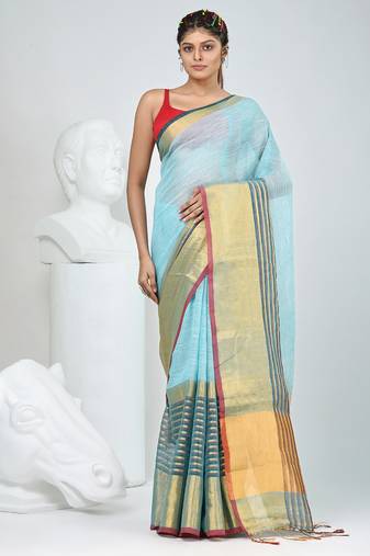 Elegant sky blue and gold linen saree with striped borders