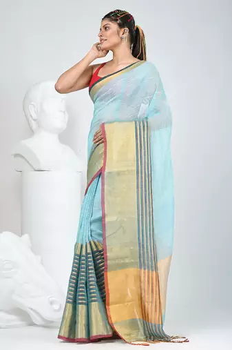 Elegant sky blue and gold linen saree with striped borders