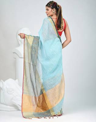 Elegant sky blue and gold linen saree with striped borders 3