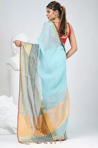 Elegant sky blue and gold linen saree with striped borders