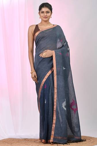 Grey linen saree with pink bird & texture motifs and zari borders