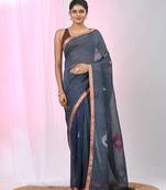 Grey linen saree with pink bird & texture motifs and zari borders