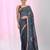 Grey linen saree with pink bird & texture motifs and zari borders