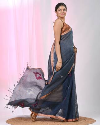 Grey linen saree with pink bird & texture motifs and zari borders 2