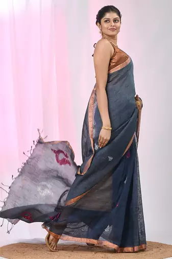 Grey linen saree with pink bird & texture motifs and zari borders
