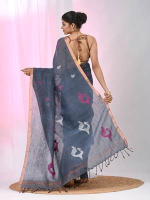 Grey linen saree with pink bird & texture motifs and zari borders 3
