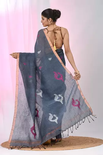 Grey linen saree with pink bird & texture motifs and zari borders