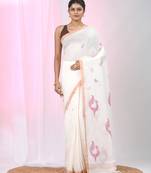 White linen saree with pink bird & texture motifs and zari borders