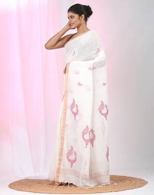 White linen saree with pink bird & texture motifs and zari borders 2