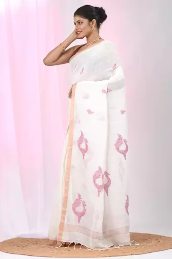 White linen saree with pink bird & texture motifs and zari borders