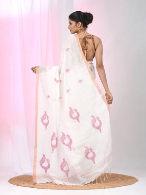 White linen saree with pink bird & texture motifs and zari borders 3