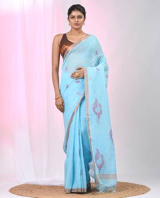 Sky blue linen saree with pink bird & texture motifs and zari borders 1