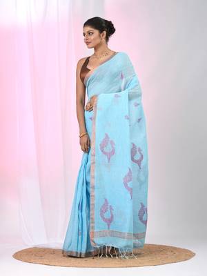 Sky blue linen saree with pink bird & texture motifs and zari borders 2
