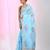 Sky blue linen saree with pink bird & texture motifs and zari borders