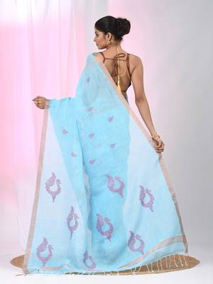 Sky blue linen saree with pink bird & texture motifs and zari borders 3