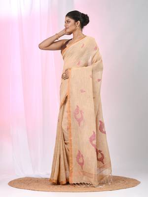 Beige linen saree with pink bird & texture motifs and zari borders 2