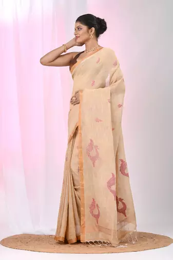 Beige linen saree with pink bird & texture motifs and zari borders