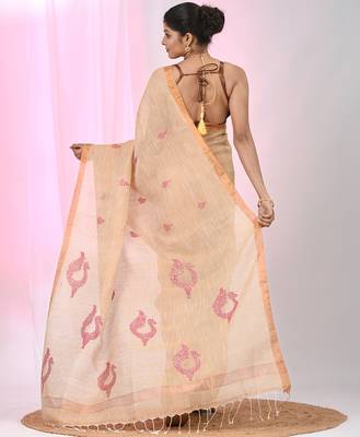 Beige linen saree with pink bird & texture motifs and zari borders 3