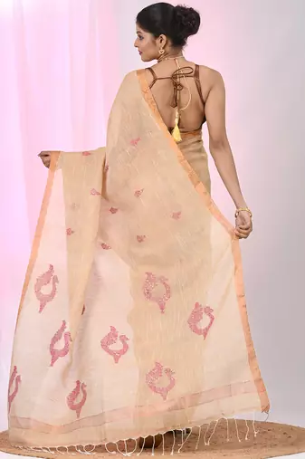 Beige linen saree with pink bird & texture motifs and zari borders