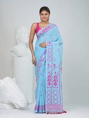 Sky blue cotton saree with traditional woven patterns and tassel border 1
