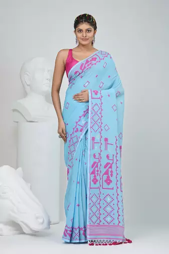 Sky blue cotton saree with traditional woven patterns and tassel border