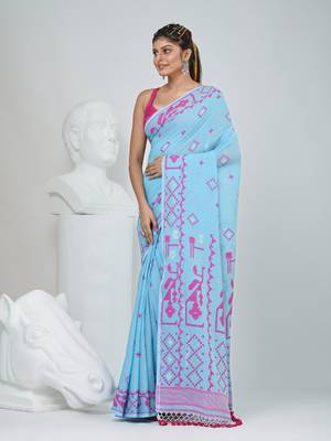 Sky blue cotton saree with traditional woven patterns and tassel border 2