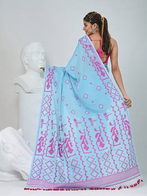 Sky blue cotton saree with traditional woven patterns and tassel border 3