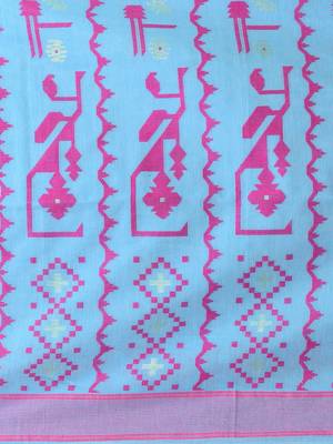 Sky blue cotton saree with traditional woven patterns and tassel border 4