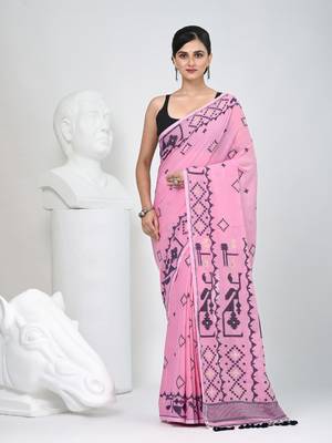 Pink cotton saree with traditional woven patterns and tassel border 1