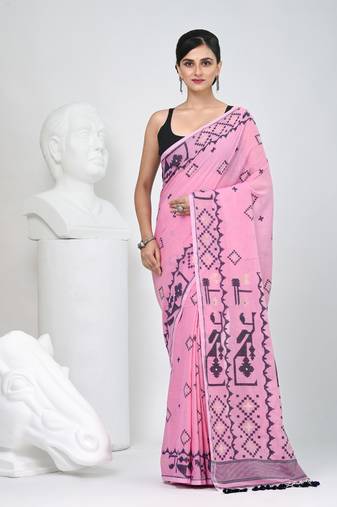Pink cotton saree with traditional woven patterns and tassel border