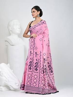 Pink cotton saree with traditional woven patterns and tassel border 2