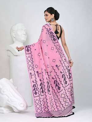 Pink cotton saree with traditional woven patterns and tassel border 3