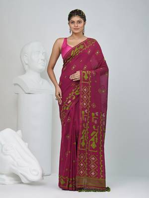 Magenta cotton saree with traditional woven patterns and tassel border 1