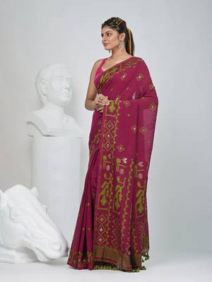 Magenta cotton saree with traditional woven patterns and tassel border 2
