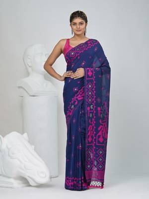 Blue cotton saree with traditional woven patterns and tassel border 1