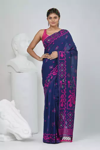 Blue cotton saree with traditional woven patterns and tassel border