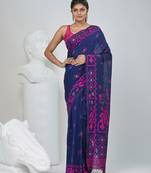 Blue cotton saree with traditional woven patterns and tassel border
