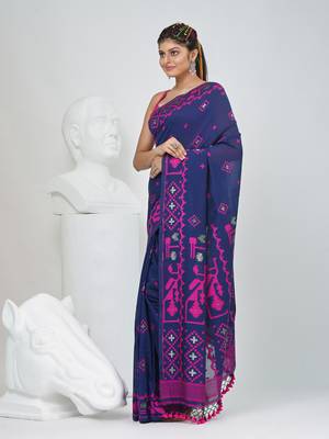 Blue cotton saree with traditional woven patterns and tassel border 2