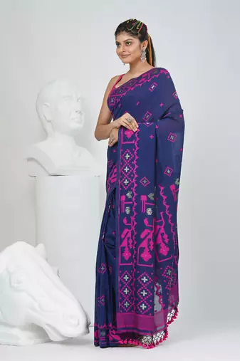 Blue cotton saree with traditional woven patterns and tassel border
