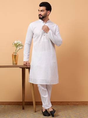 Blue chikankari embroidery cotton kurta with silk churidar pajama 1