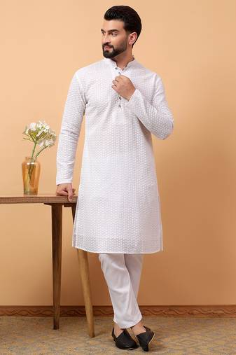 Blue chikankari embroidery cotton kurta with silk churidar pajama