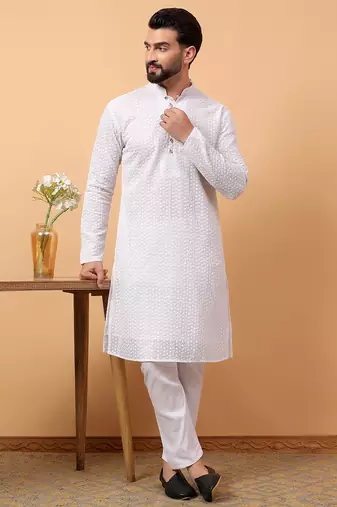 Blue chikankari embroidery cotton kurta with silk churidar pajama