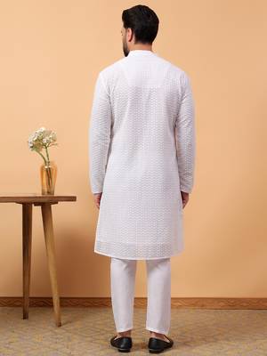 Blue chikankari embroidery cotton kurta with silk churidar pajama 2
