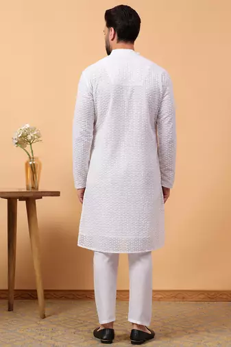 Blue chikankari embroidery cotton kurta with silk churidar pajama