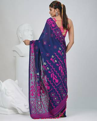Blue cotton saree with traditional woven patterns and tassel border 3