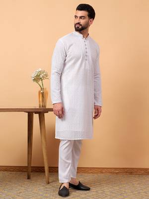 Blue chikankari embroidery cotton kurta with silk churidar pajama 3