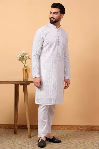 Blue chikankari embroidery cotton kurta with silk churidar pajama